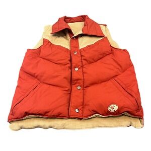 Camel Puffer Vest Mens L Red Tan Reversible Corduroy Down Filled Western Vintage